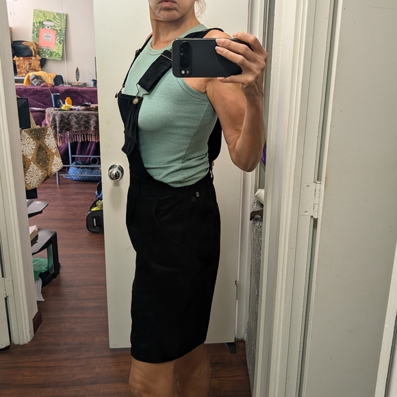 Express Compagnie Internationale Vtg 90s Black Suede Overall Shorts size L - Picture 3 of 16